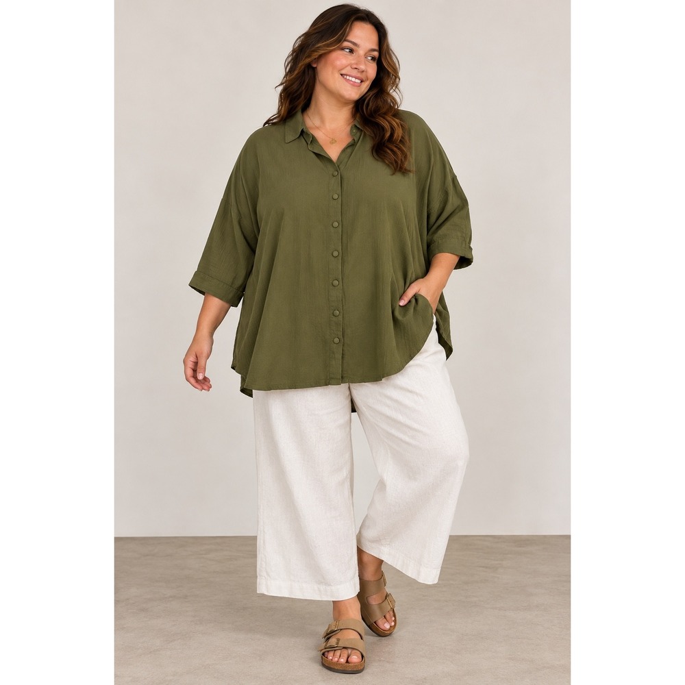 M.I.B. Plus Size 7X Olive Green Rayon Button Down Oversized Shirt Lagenlook